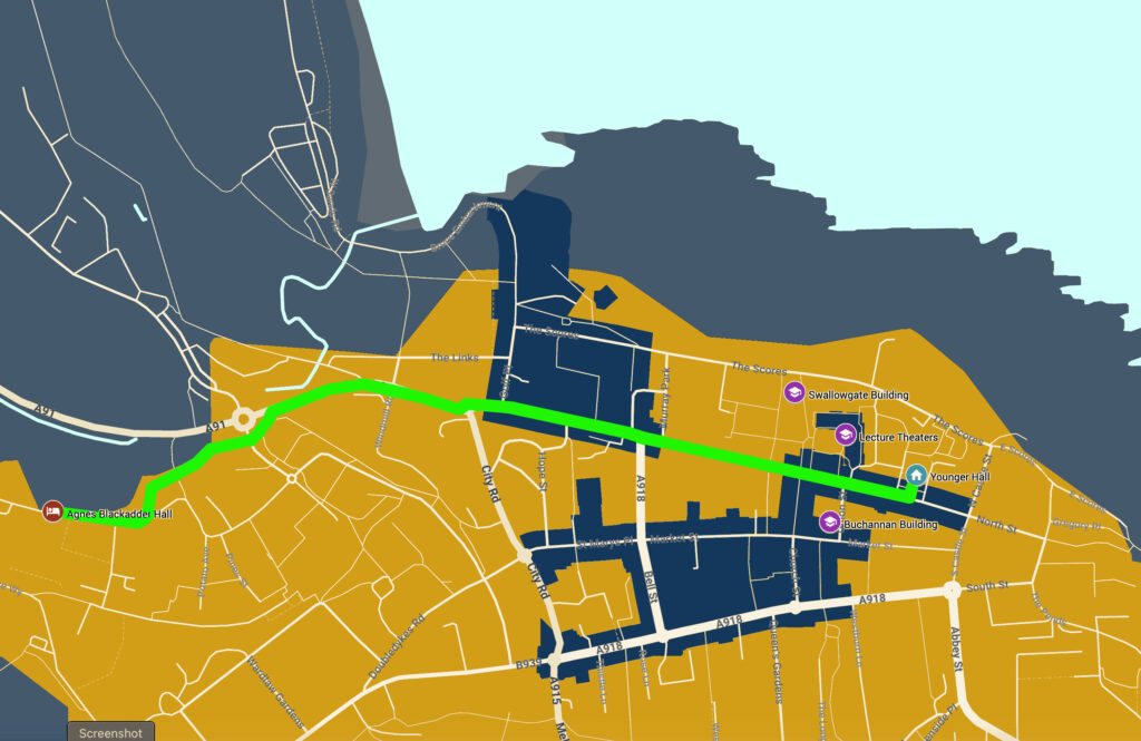 Map of St Andrews with the route marked from Agnes Blackadder Hall to the center of St Andrews.  Key university buildings are also indicated. 

